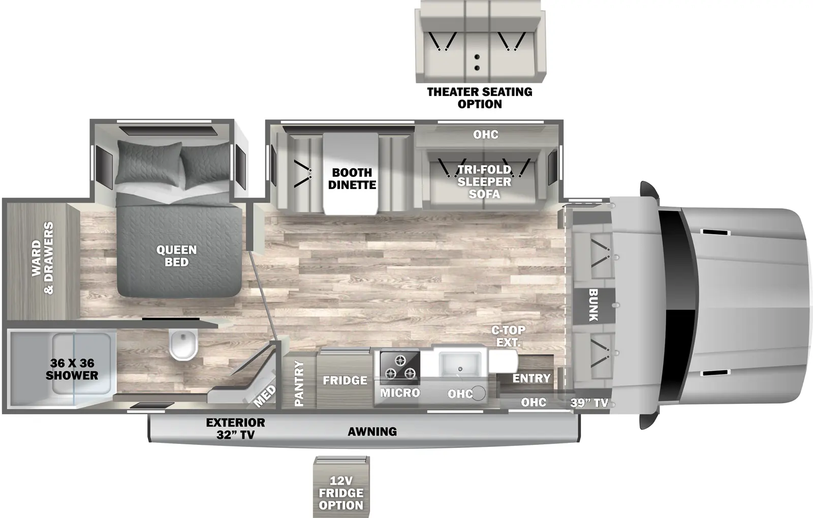 The 30FW has two slideouts and one entry. Exterior features an outside TV and awning. Interior layout front to back: bunk over front cab and door-side TV; off-door side slideout with tri-fold sleeper sofa (optional theater seating), overhead cabinet and booth dinette; door side entry with overhead cabinet, kitchen countertop with extension, sink, microwave, cooktop, refrigerator (optional 12 volt refrigerator) and pantry; rear off-door side queen bed slideout and rear wardrobe with drawers; rear door side full bathroom with medicine cabinet.